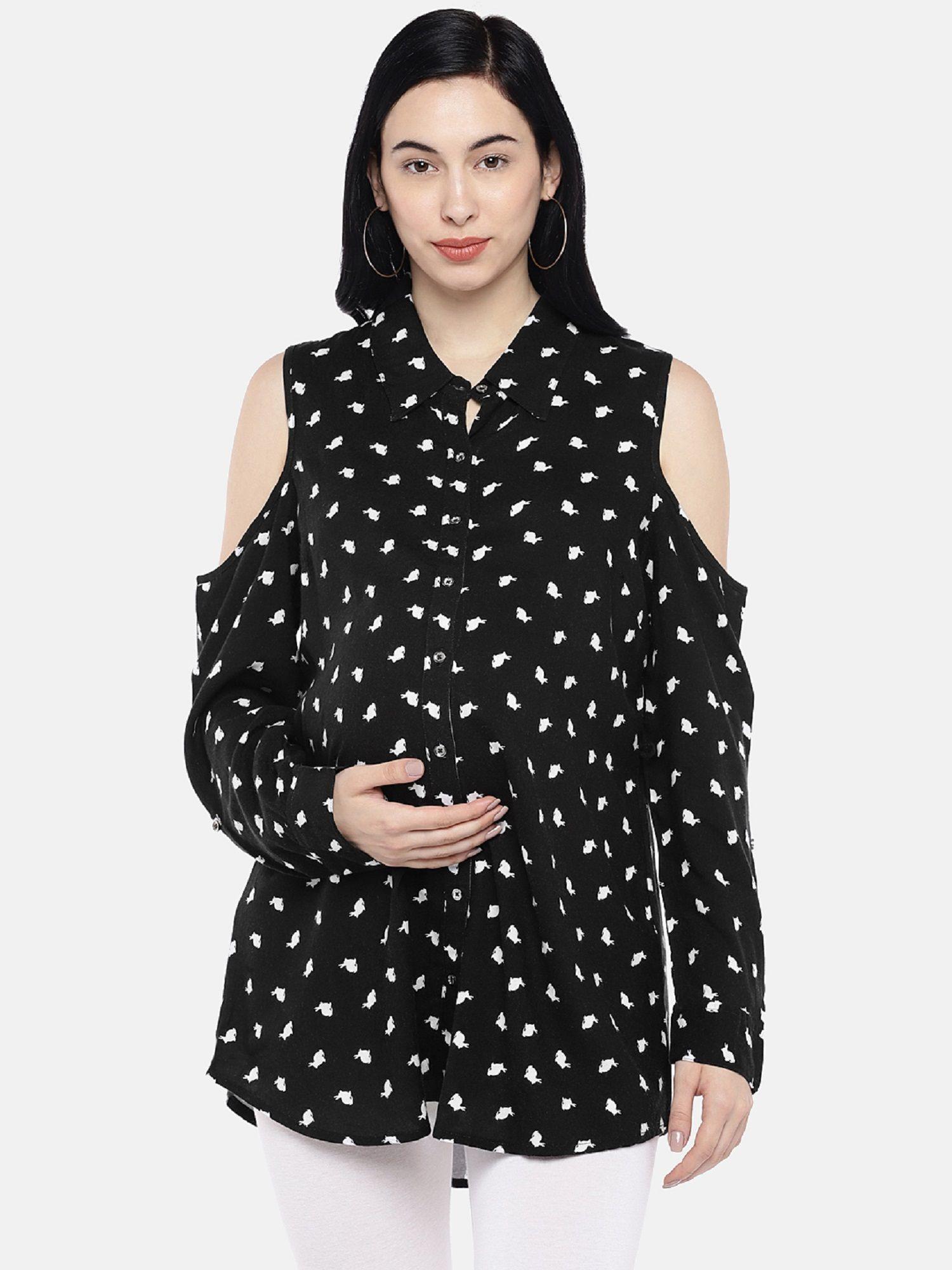 black animal printed cold shoulder maternity and nursing shirt