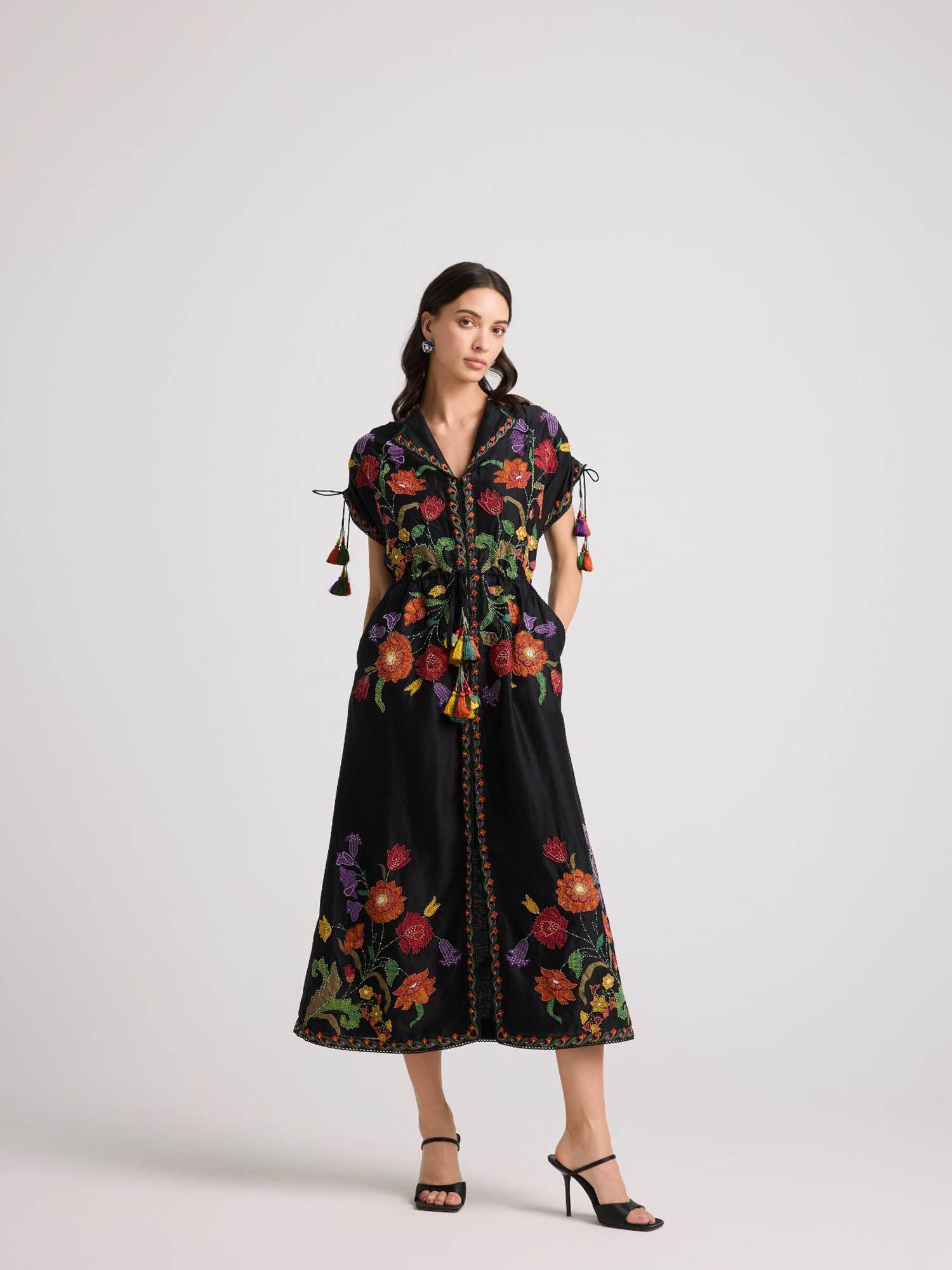 black applique and beadwork shirt dress