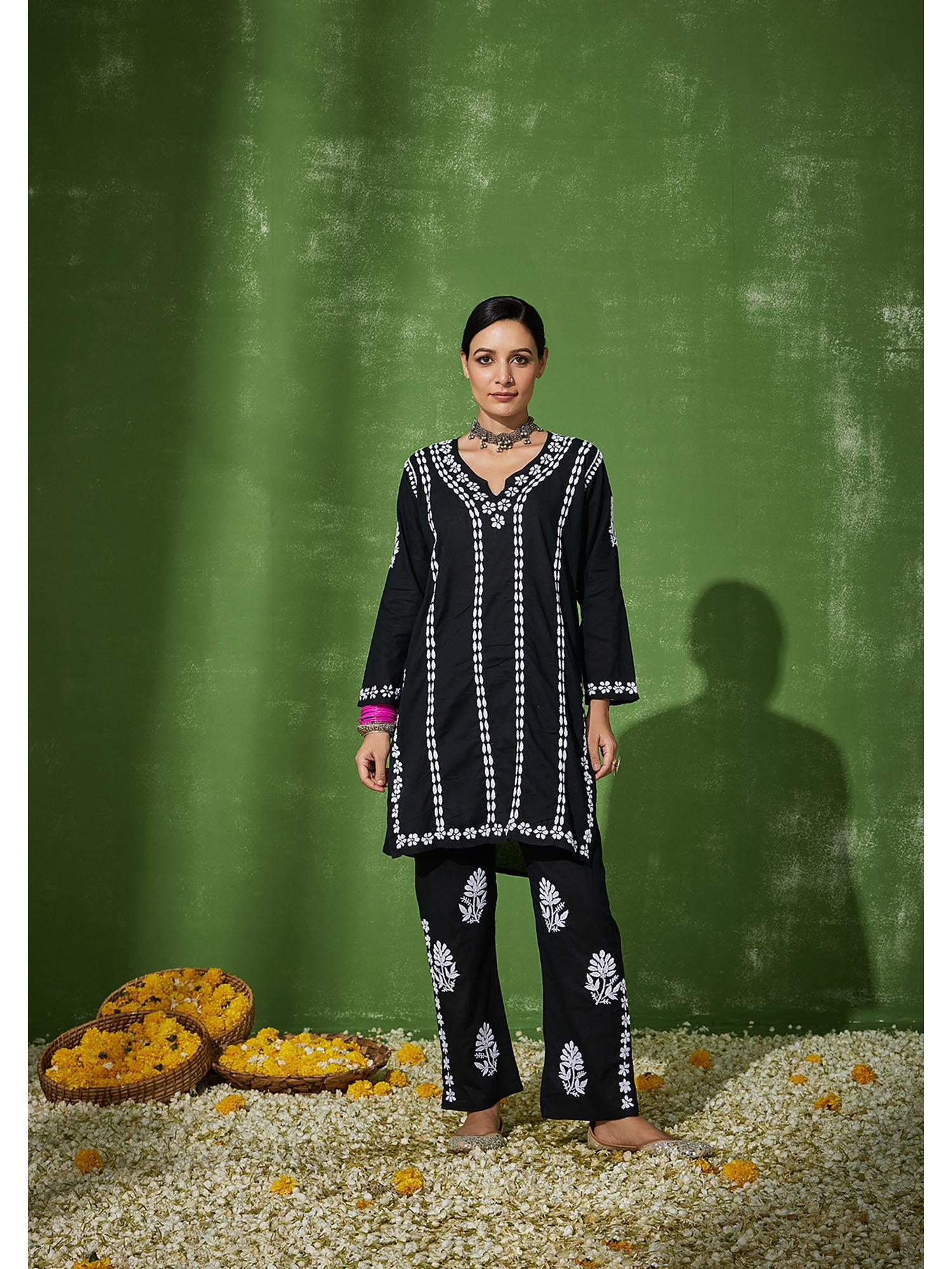 black areeba chikankari cotton short kurta with pant (set of 2)