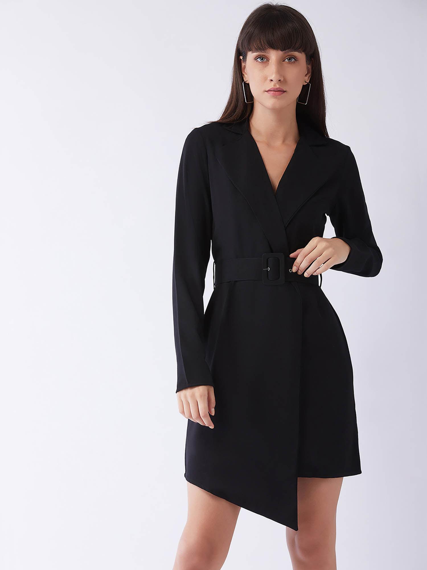 black asymmetric overlap coat dress with belt