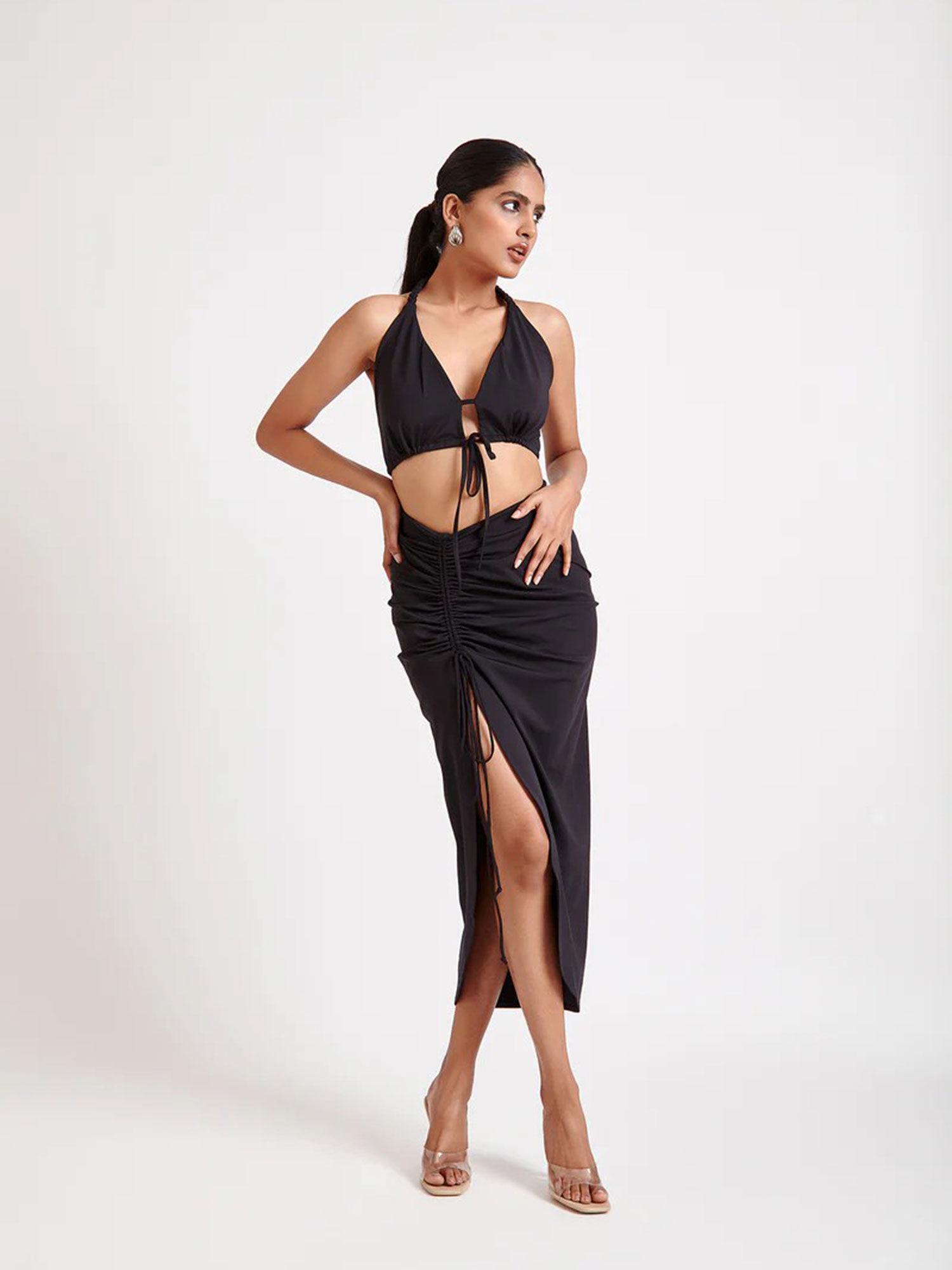 black asymmetrical drawstring skirt