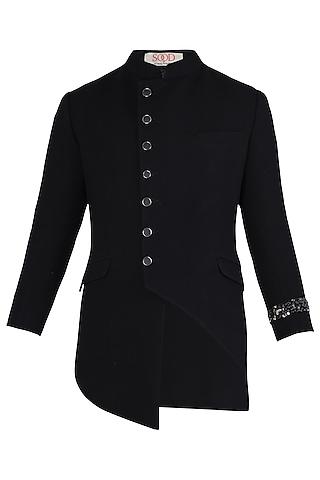 black asymmetrical embroidered achkan jacket