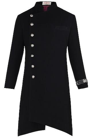 black asymmetrical long achkan jacket