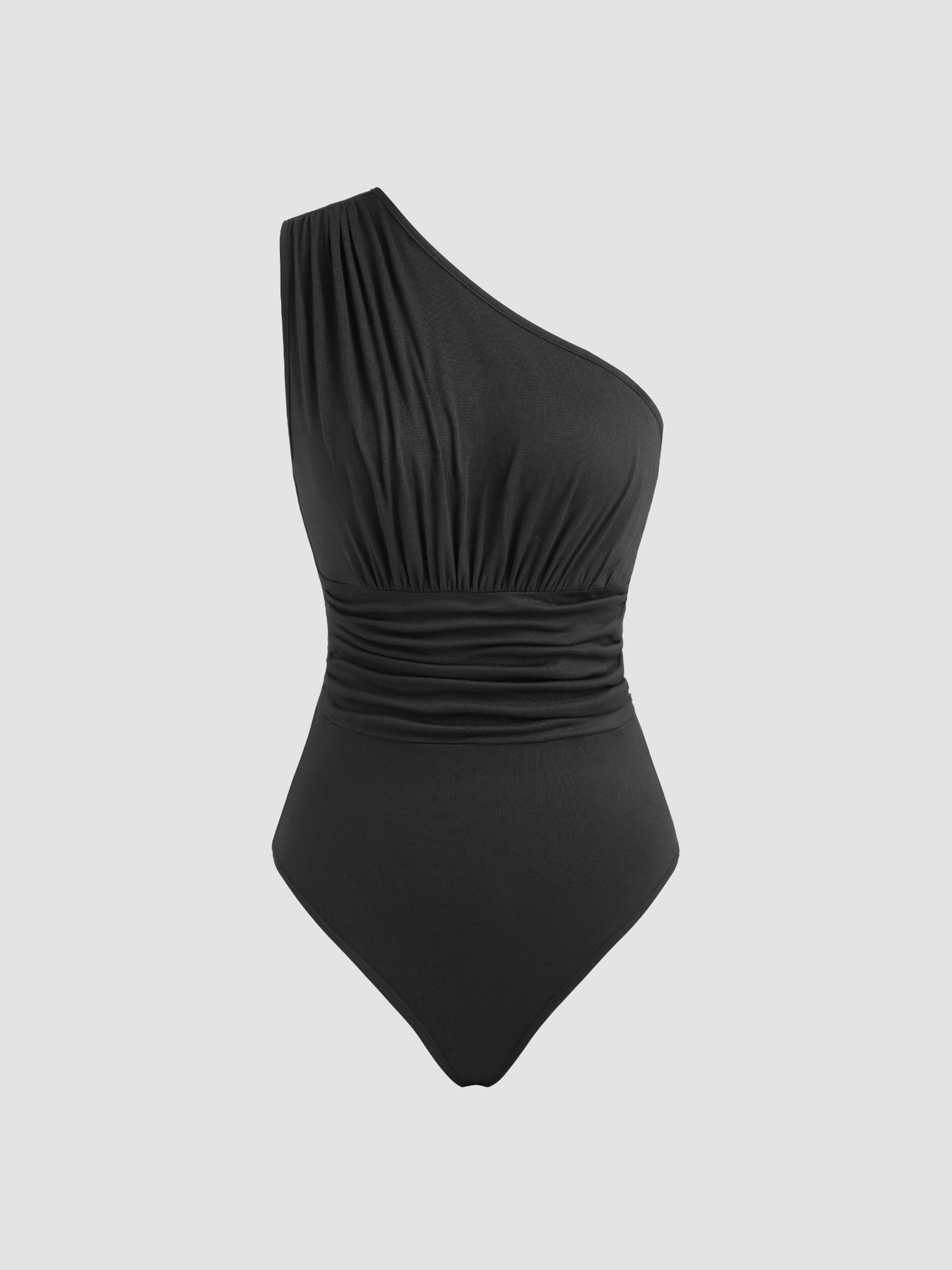 black asymmetrical neck ruched bodysuit