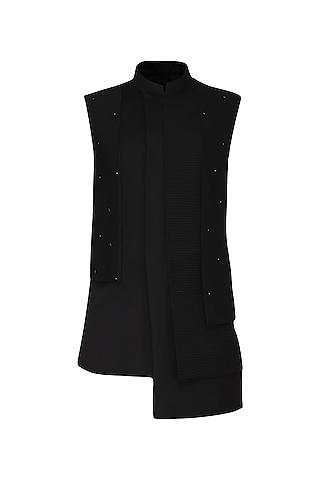 black asymmetrical textured nehru jacket