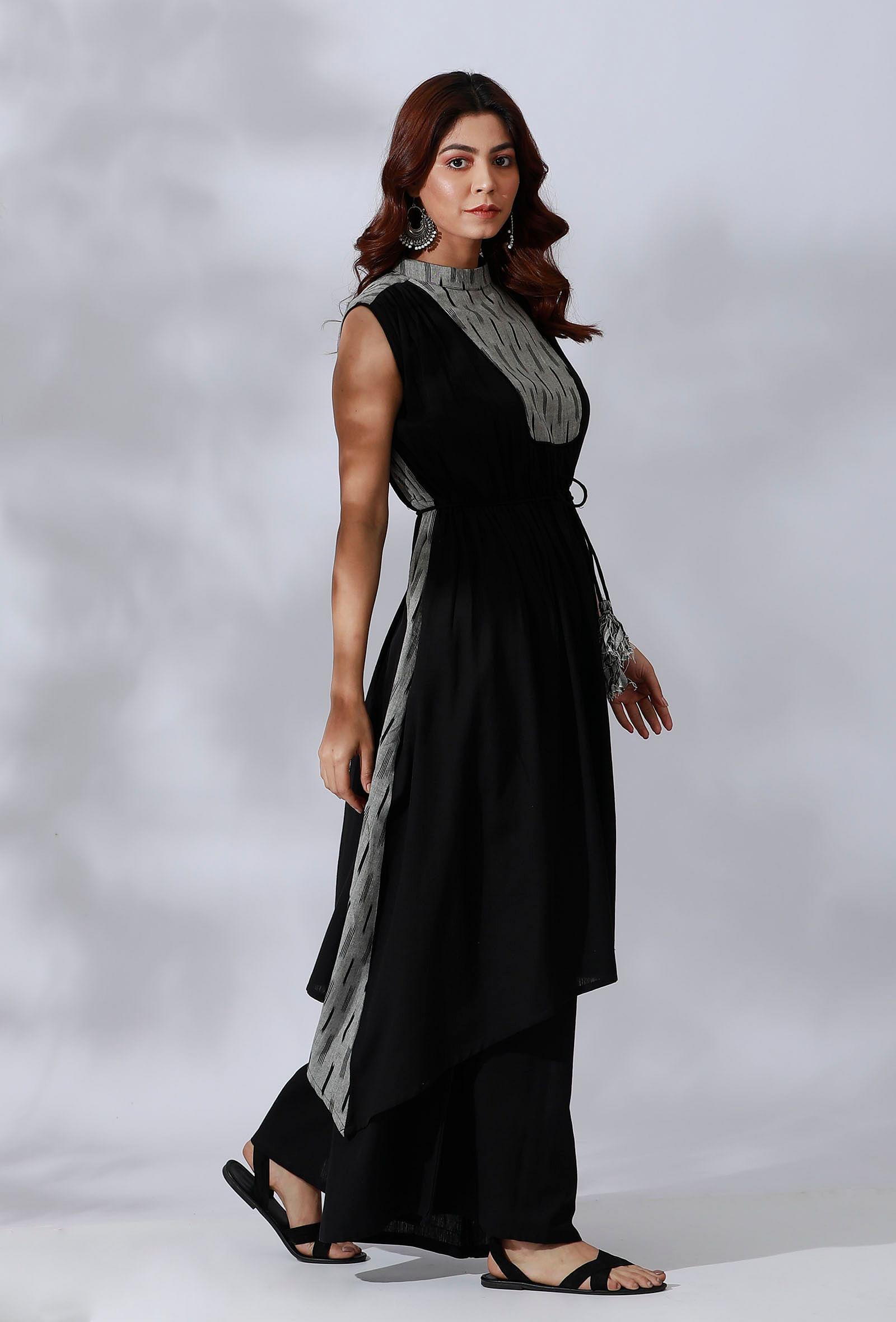 black asymmetrical tie-up kurta with ikkat yoke in front and back side panels