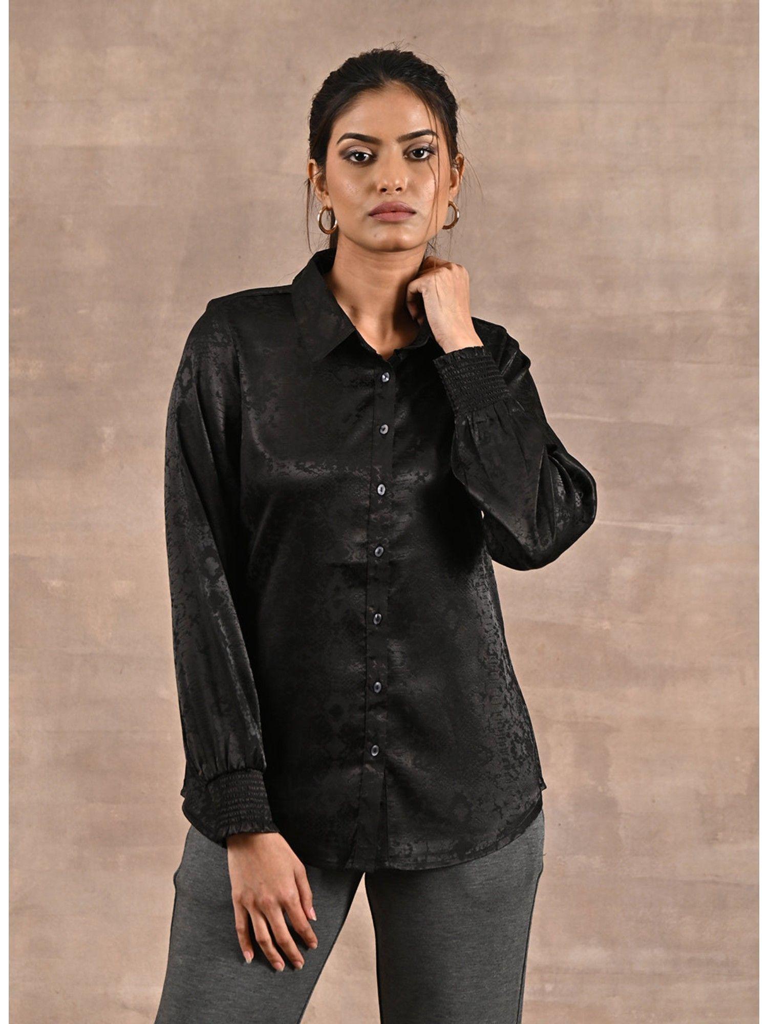 black aztec printed satin shirt with gathered sleeves