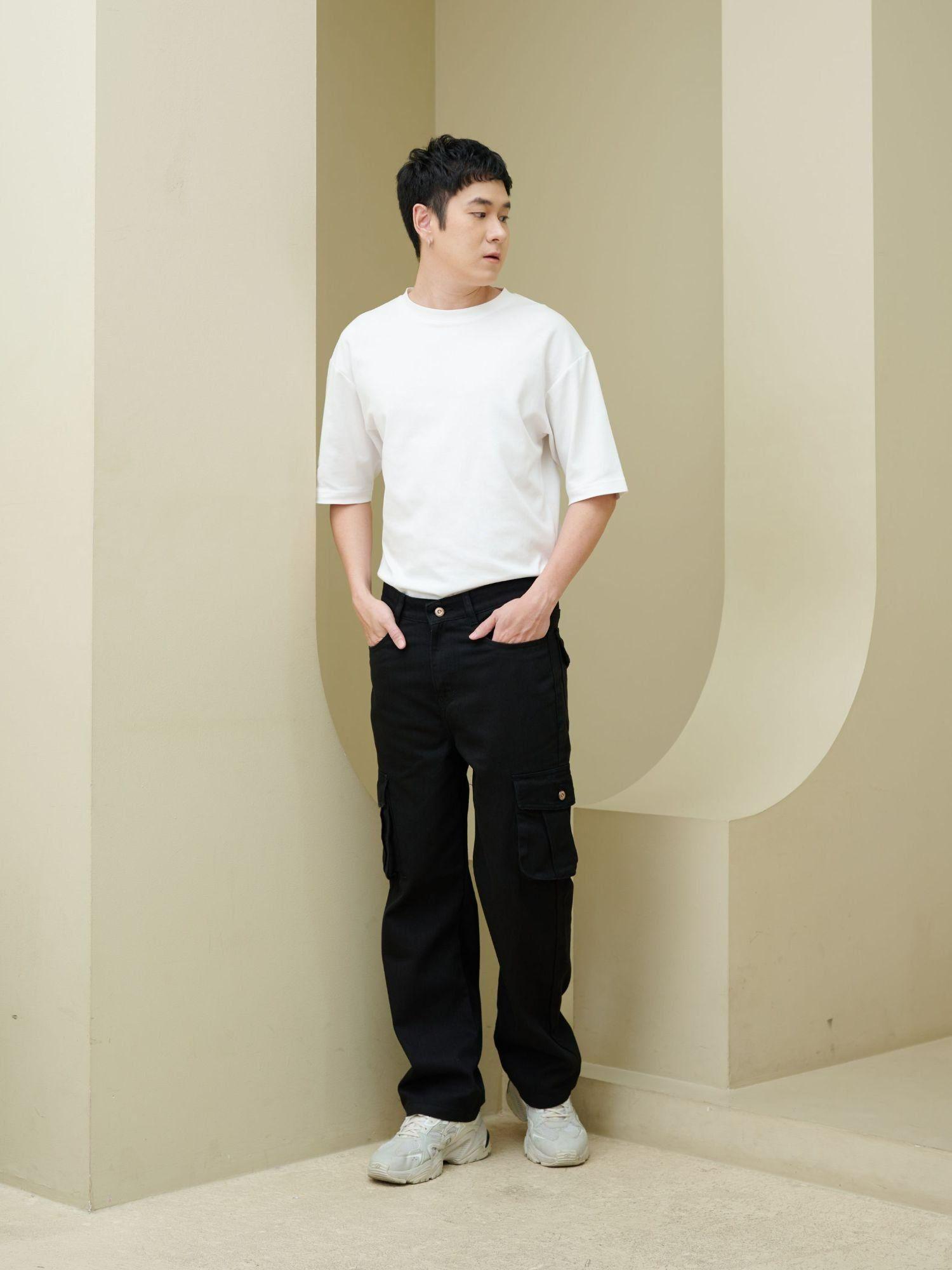 black baggy men cargo jeans - black