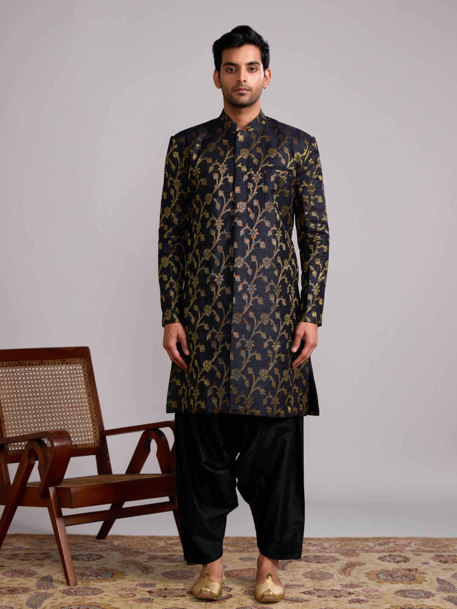 black banarasi baswada mandarin collar kurta