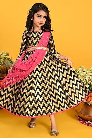 black banarasi jacquard gown with dupatta for girls