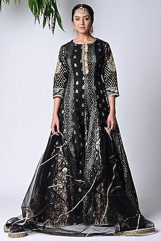 black banarasi machine embroidered anarkali set