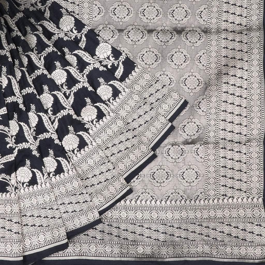 black banarasi silk handloom saree with floral pattern