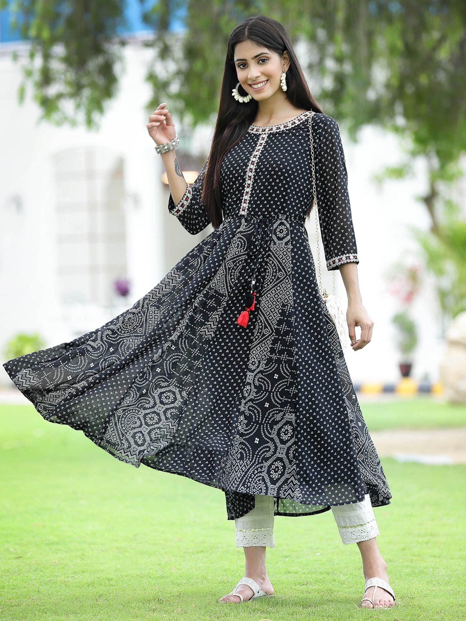 black bandhani printed georgette anarkali women kurta