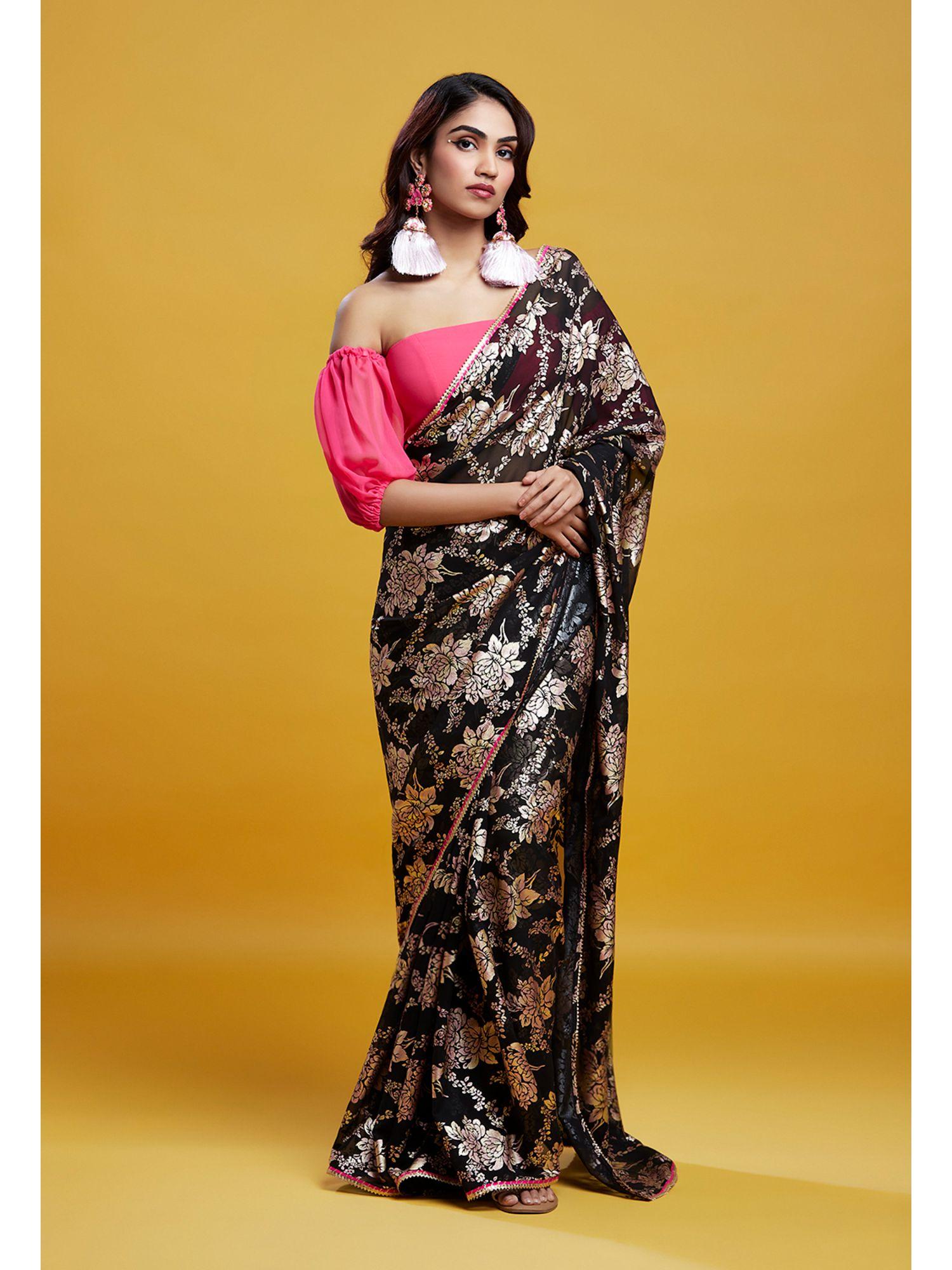 black barfi saree with stitched blouse