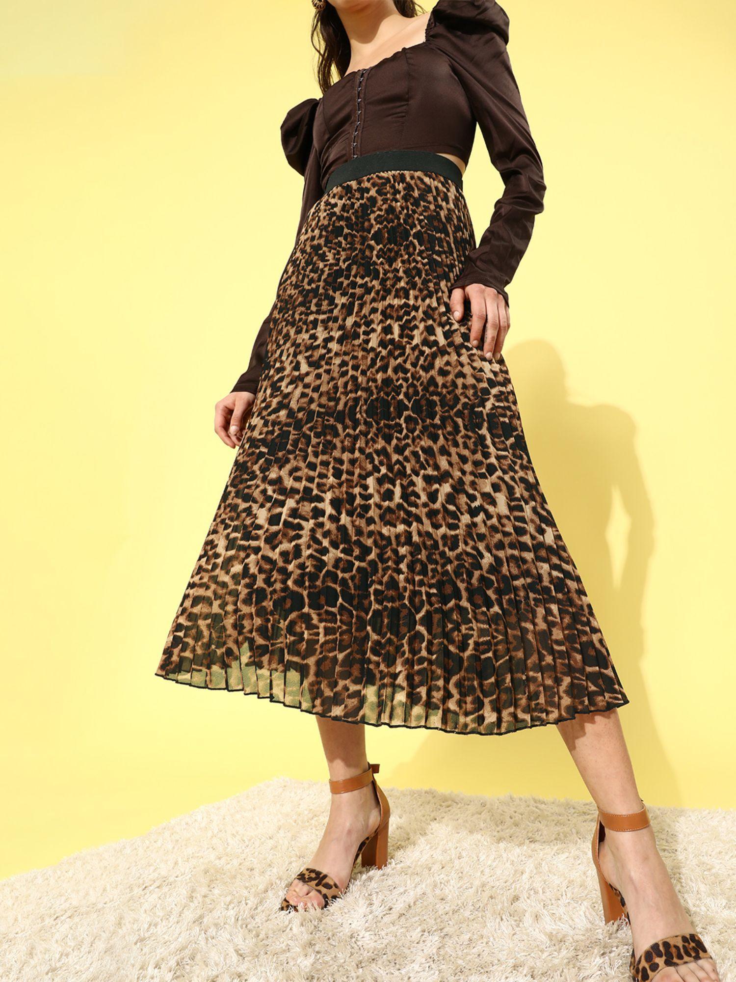 black beige floral black animal print pleated skirt