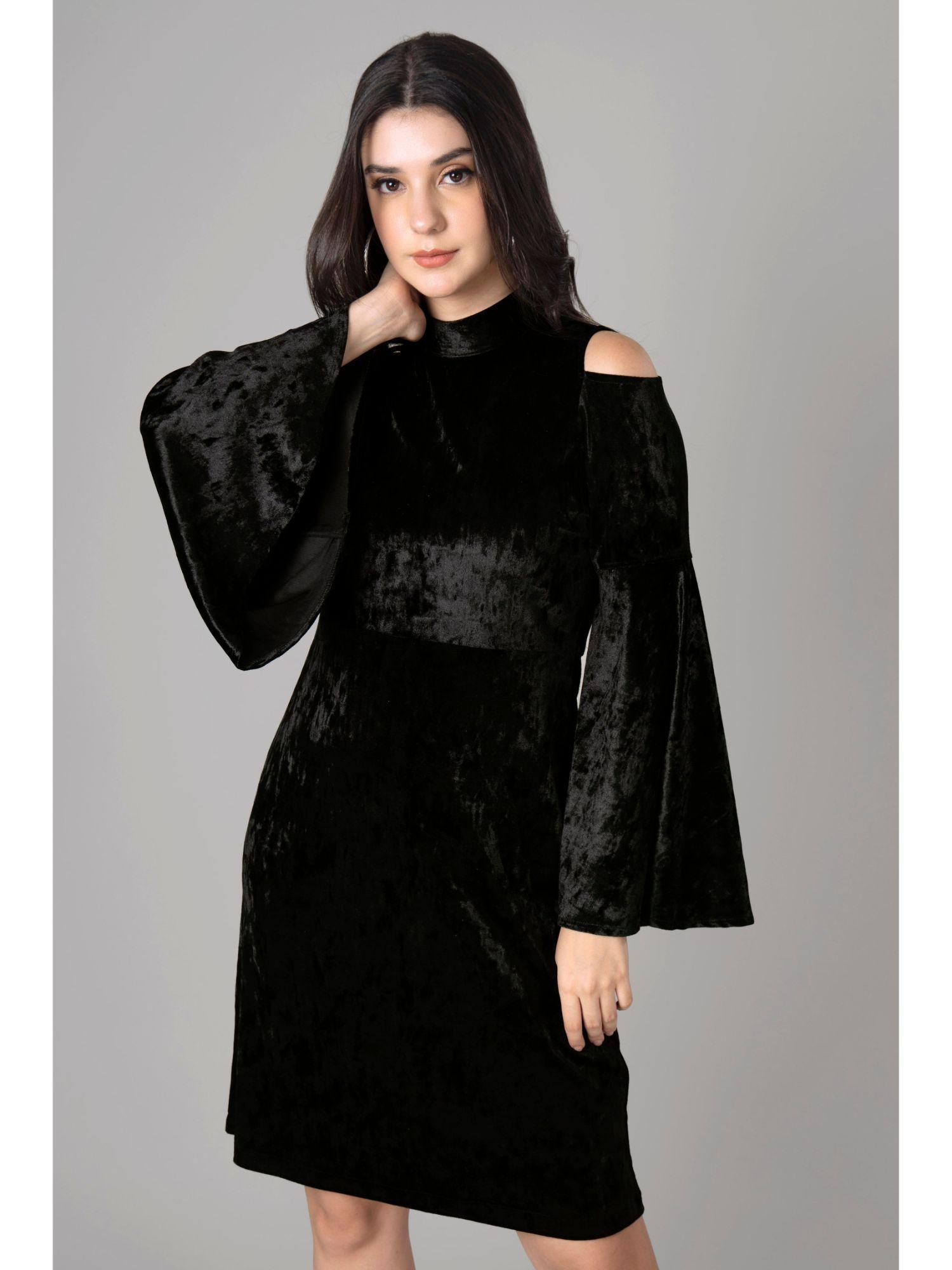 black bell sleeve velvet dress for women