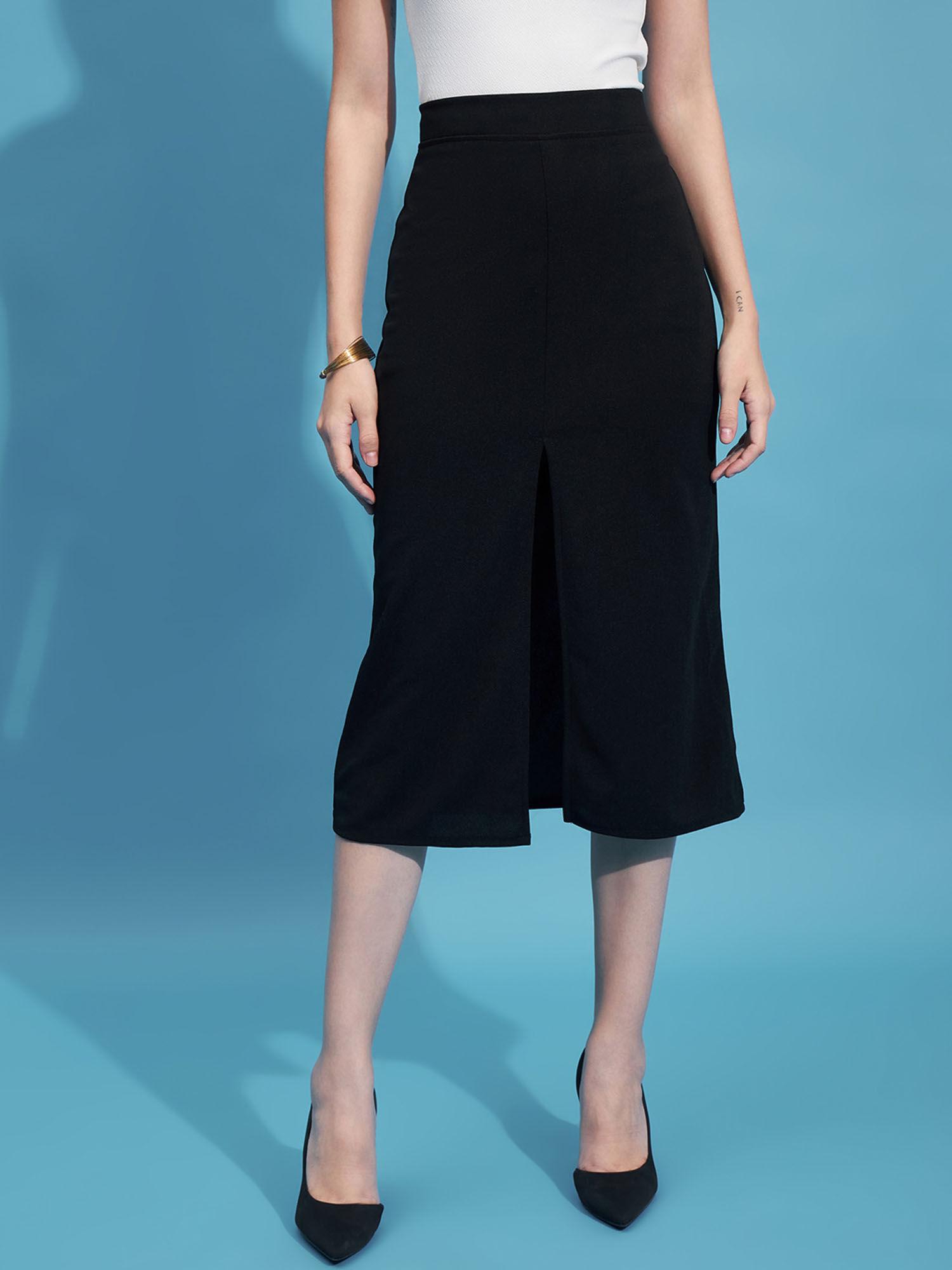 black below knee slit women straight midi skirt