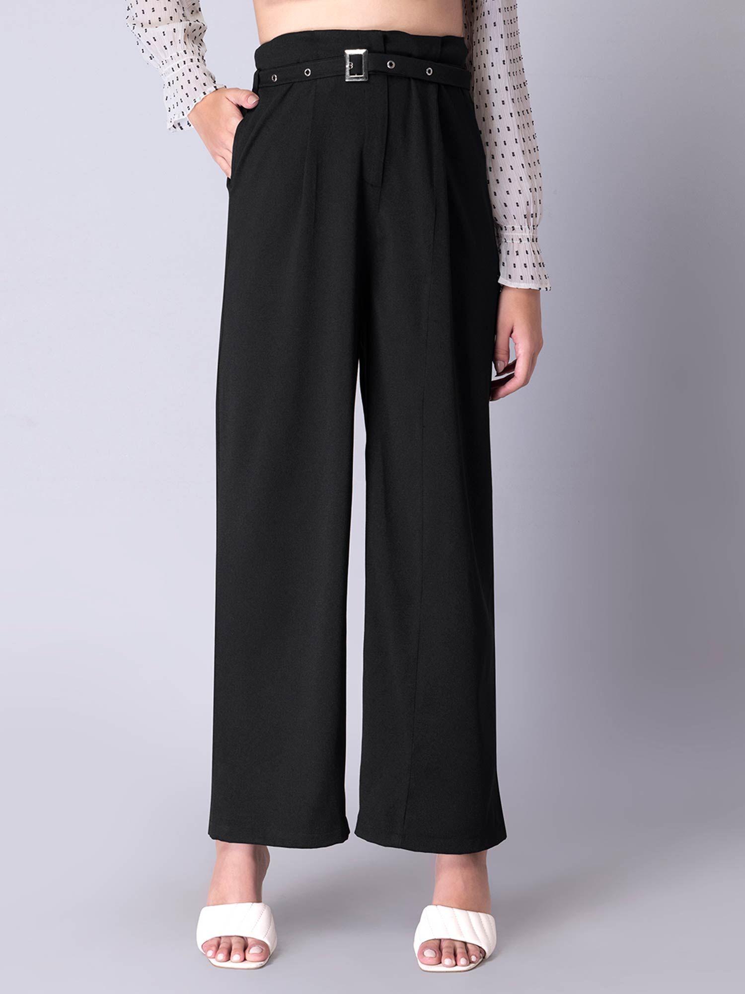 black belted high waist straight fit trousers