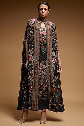 black bemberg crepe digital printed cape with attached inner