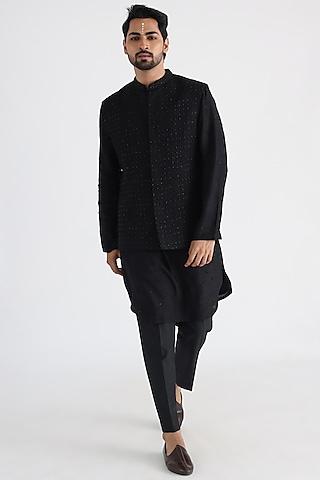 black bemberg silk embroidered nehru jacket