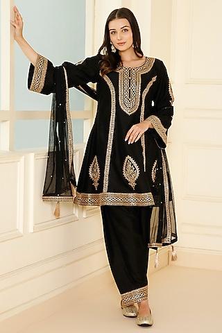 black bemberg silk sequins & dori hand embroidered kurta set