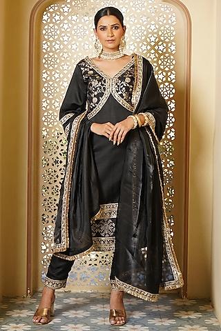 black bengaluru silk & cotton silk brocade embroidered kurta set