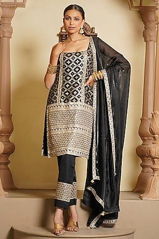 black bengaluru silk & cotton silk brocade embroidered kurta set
