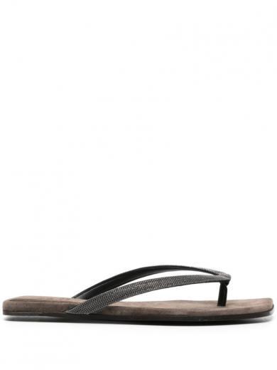 black black leather flip flops