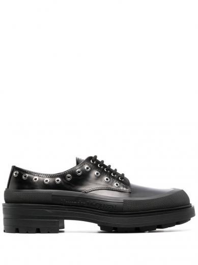 black black tread slick leather lace up shoes