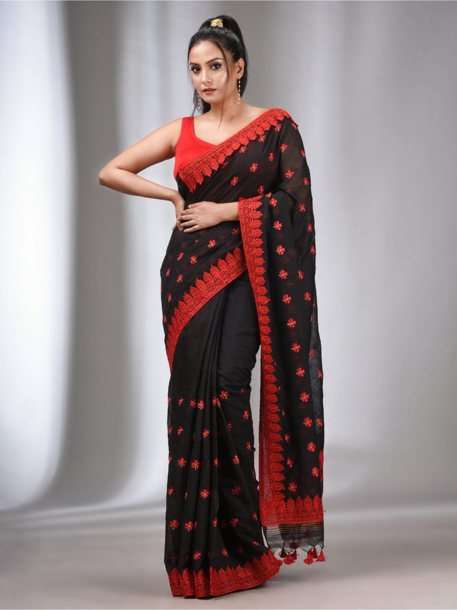 black blended cotton handwoven saree with flower motifs with unstitched blouse