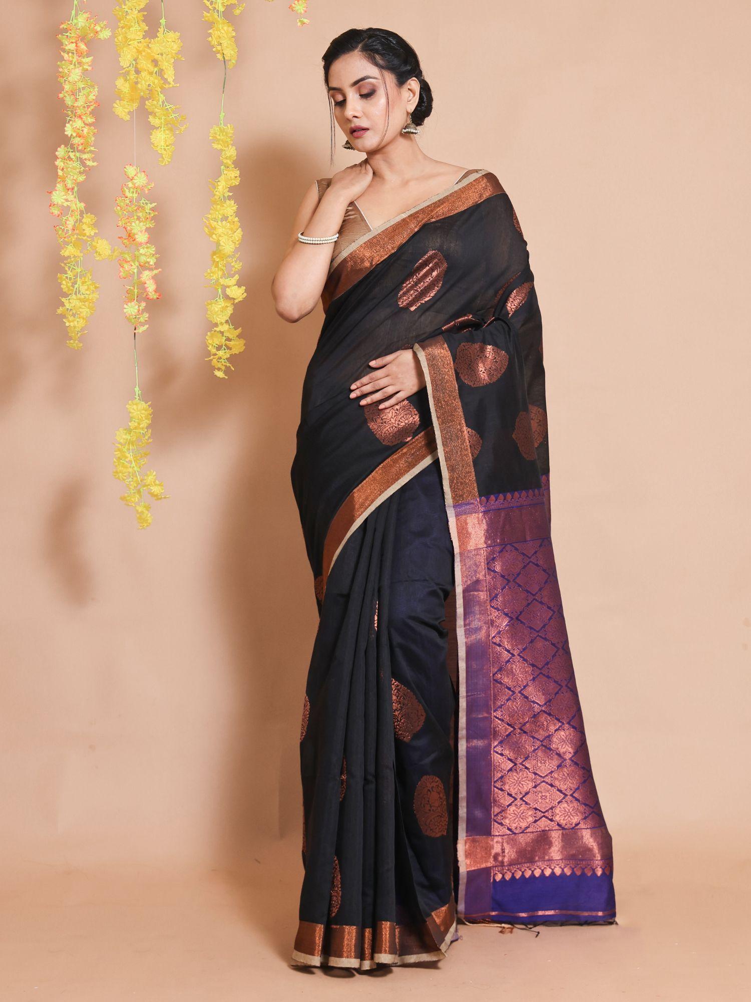 black blended cotton handwoven zari woven motifs & designs saree with unstitched blouse