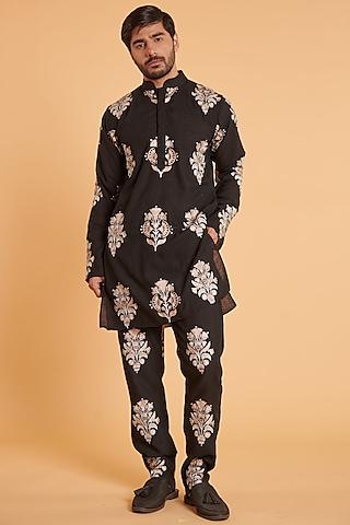 black blended linen aari boota embroidered kurta set