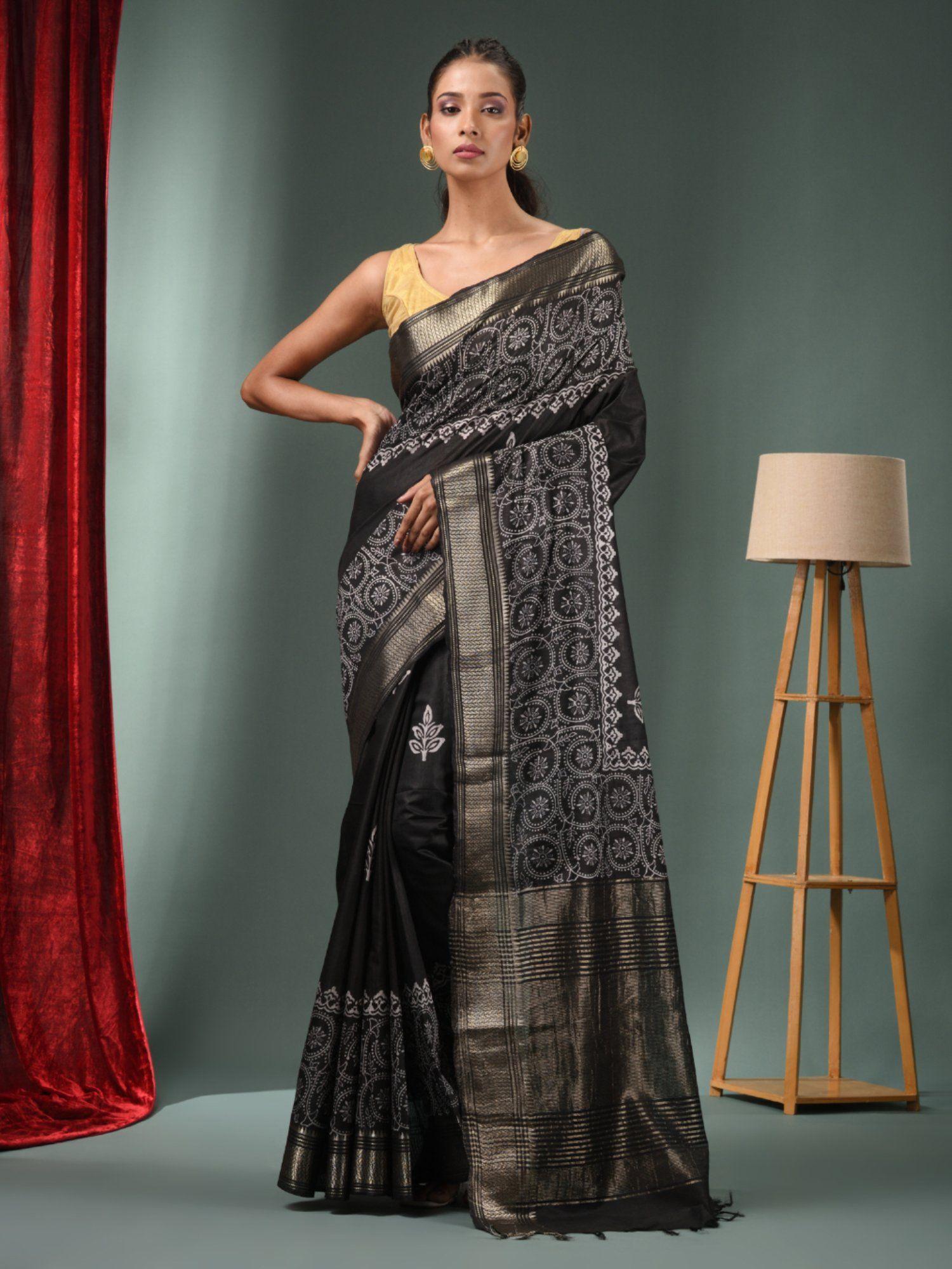 black blended silk handwoven saree with woven zari border & unstitched blouse