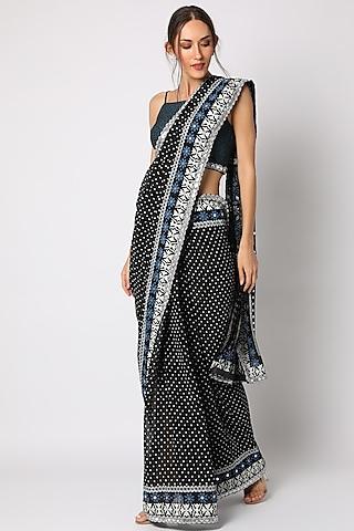 black block printed & hand embellished saree set