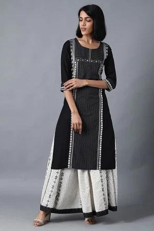 black boat neck jacquard kurta