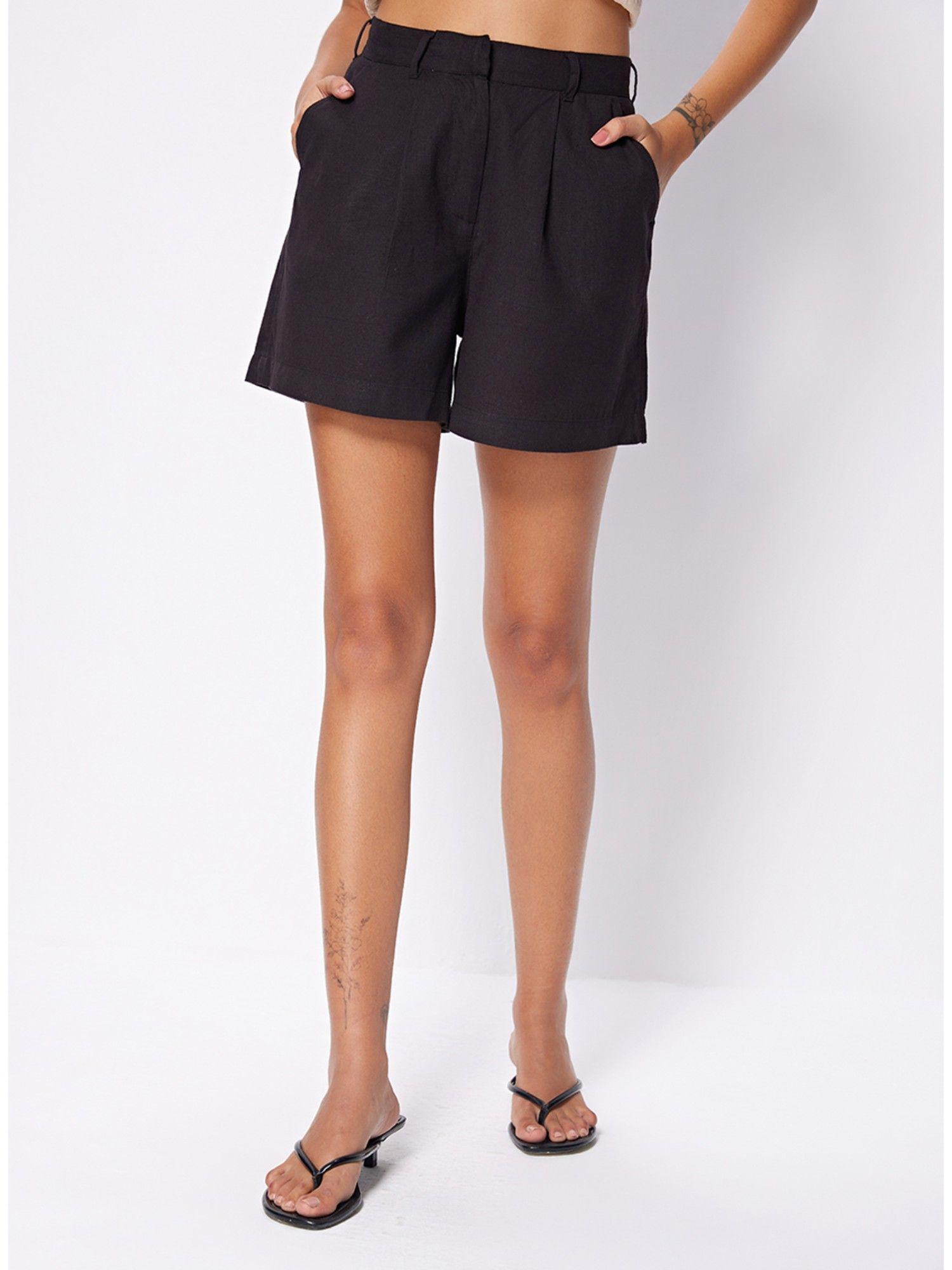 black boxy linen shorts