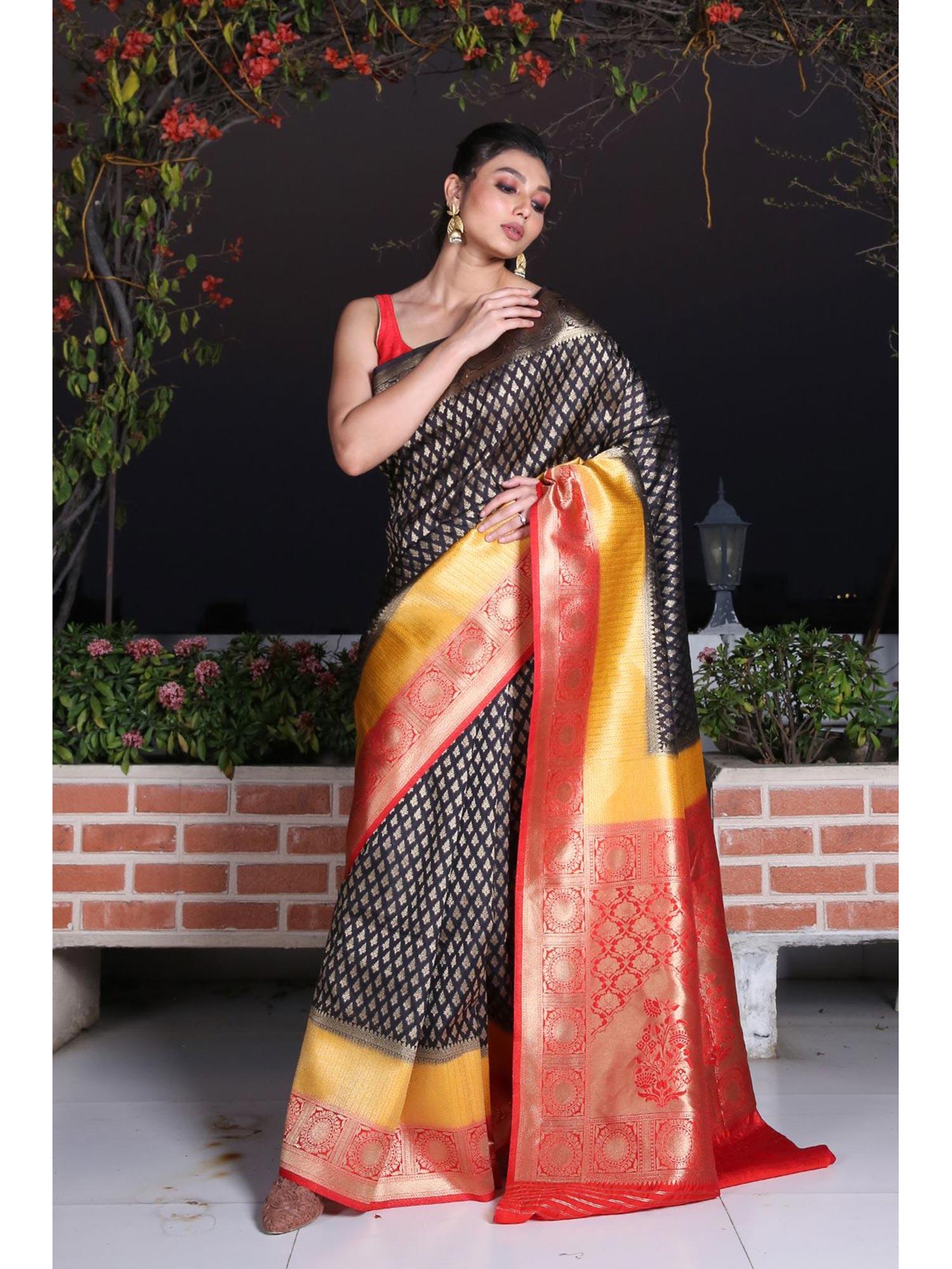 black brocade silk saree with zari weaving and unstitched blouse