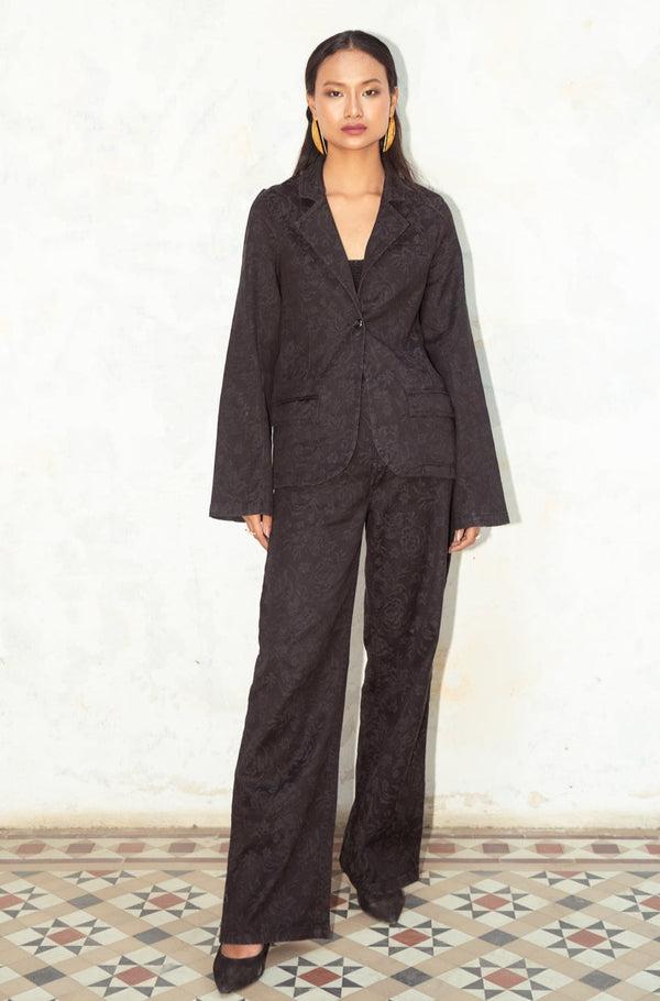 black brocade two-piece suit