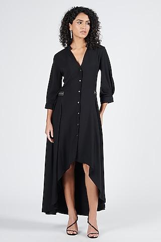 black brushed suiting fabric asymmetrical shirt dress