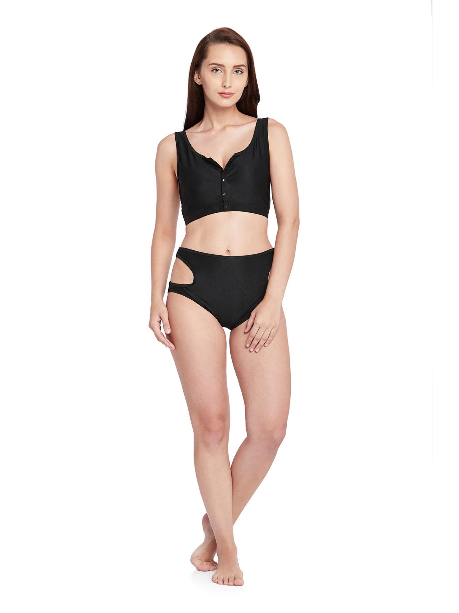 black buttoned swim top side cut out high waist bottoms (set of 2)