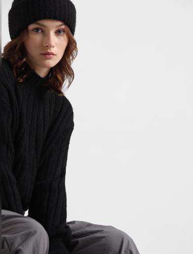 black cable knit high-neck pullover