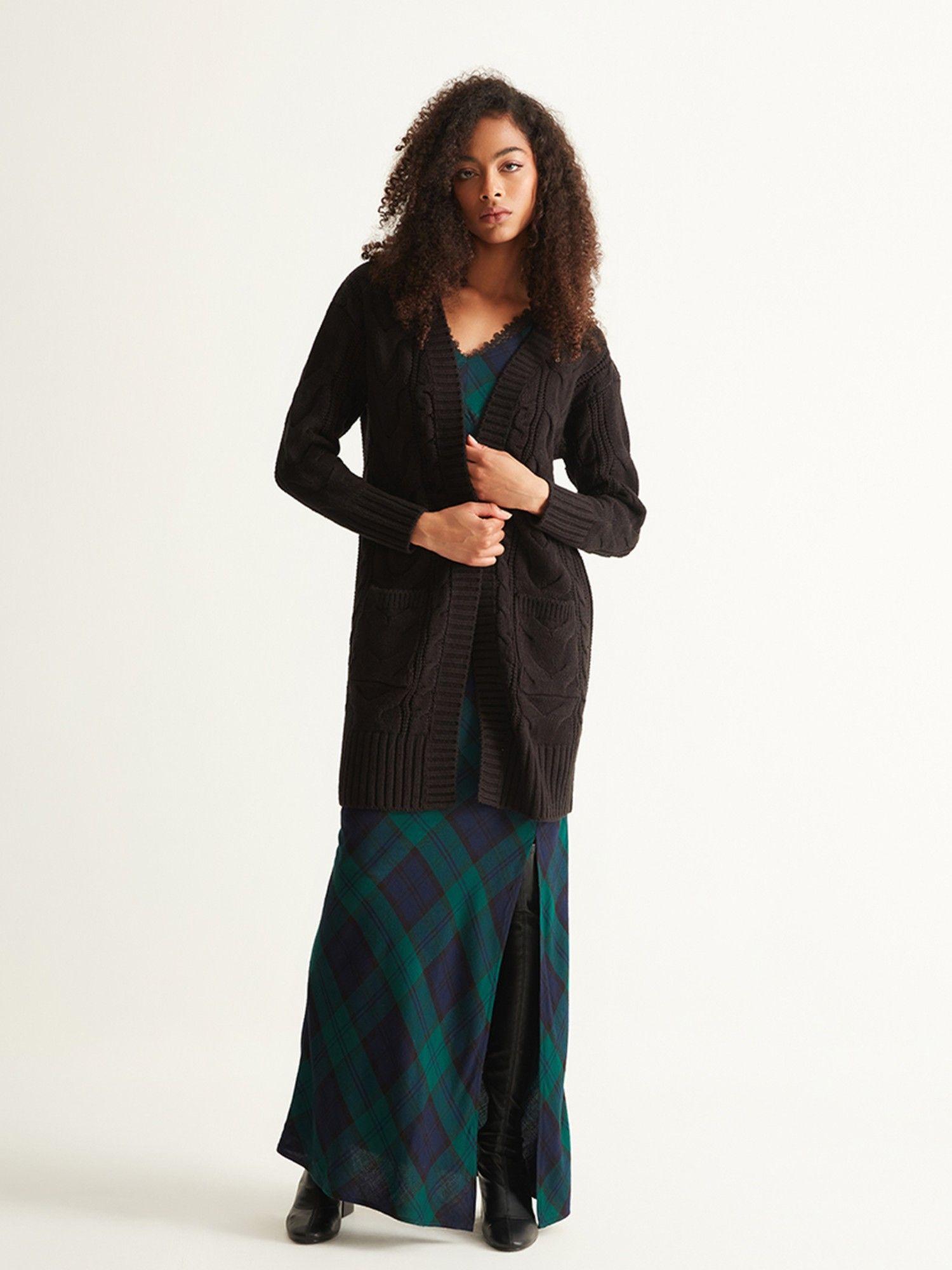 black cable knit open long cardigan