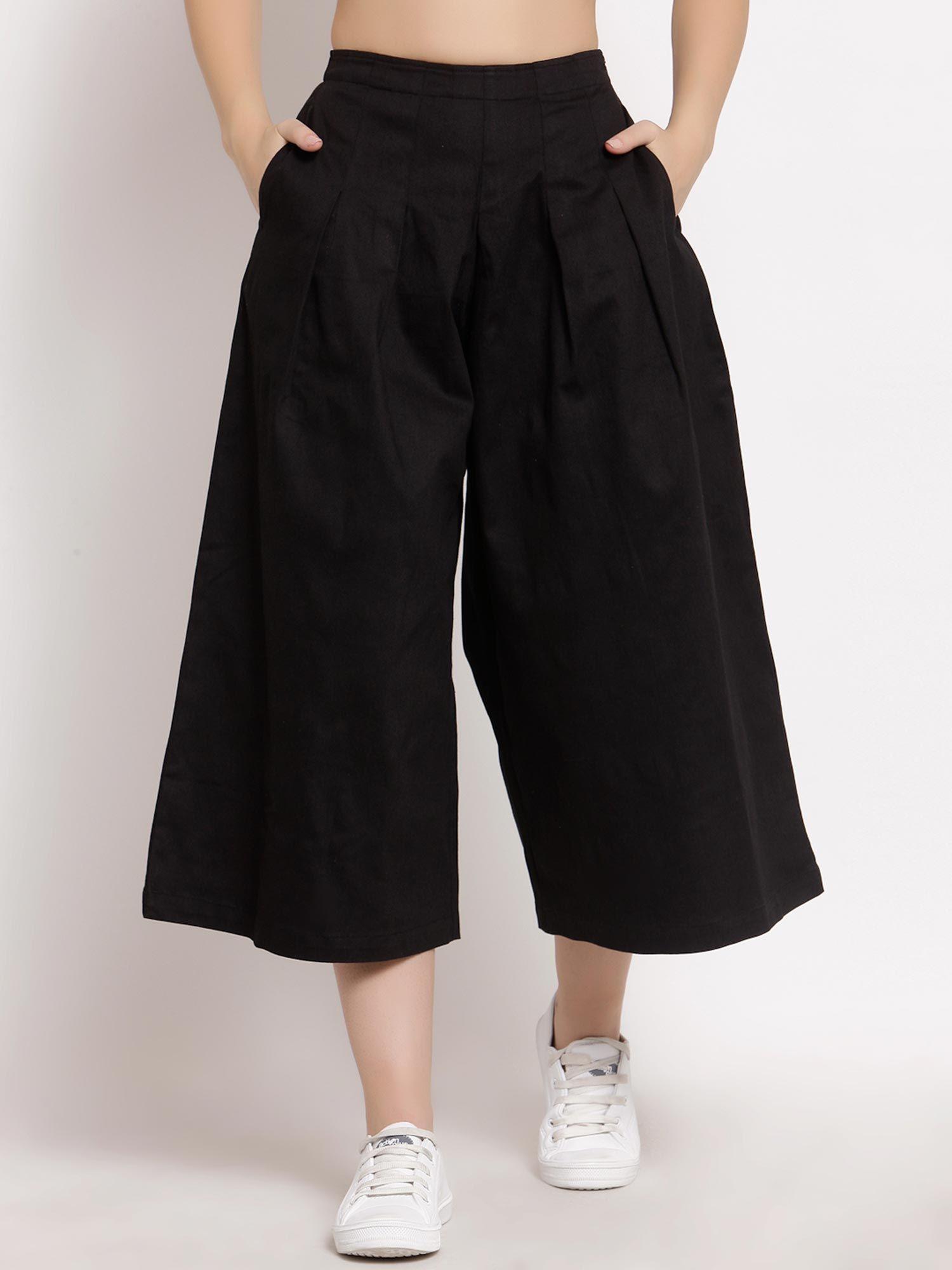 black calf length box pleated pants