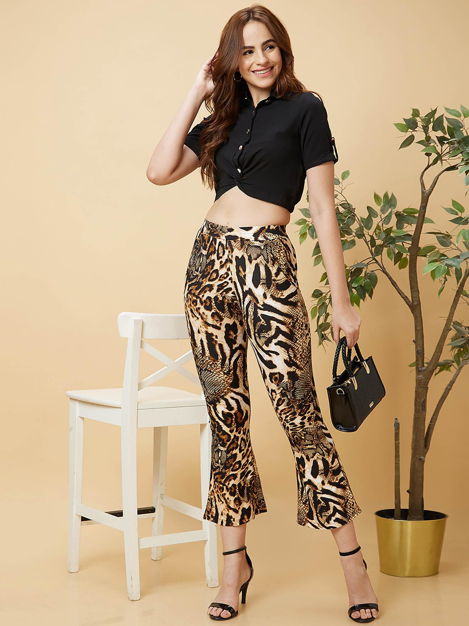 black casual co-ord with solid twisted crop top and animal print trouser (set of 2)