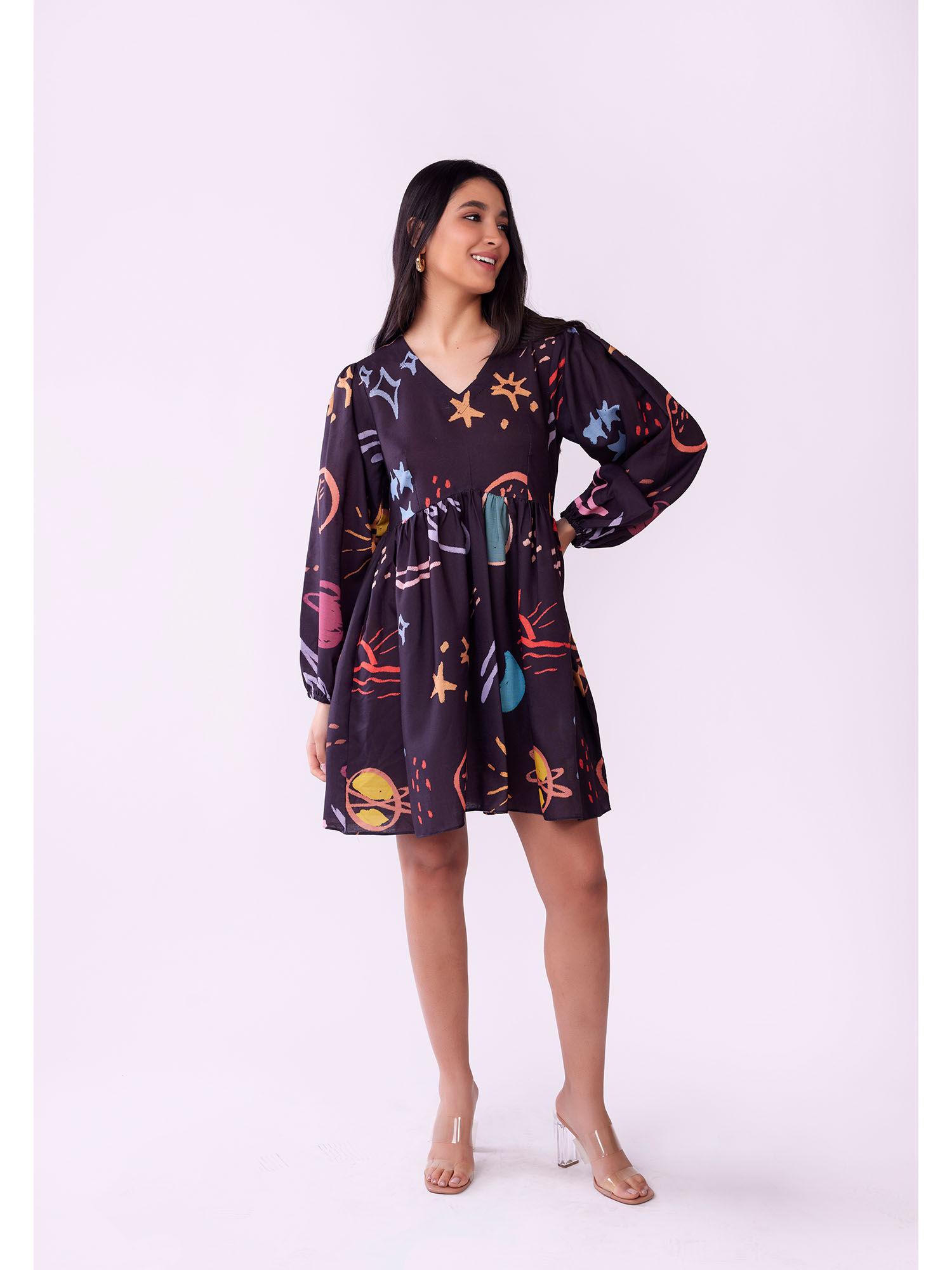 black celestial printed mini dress