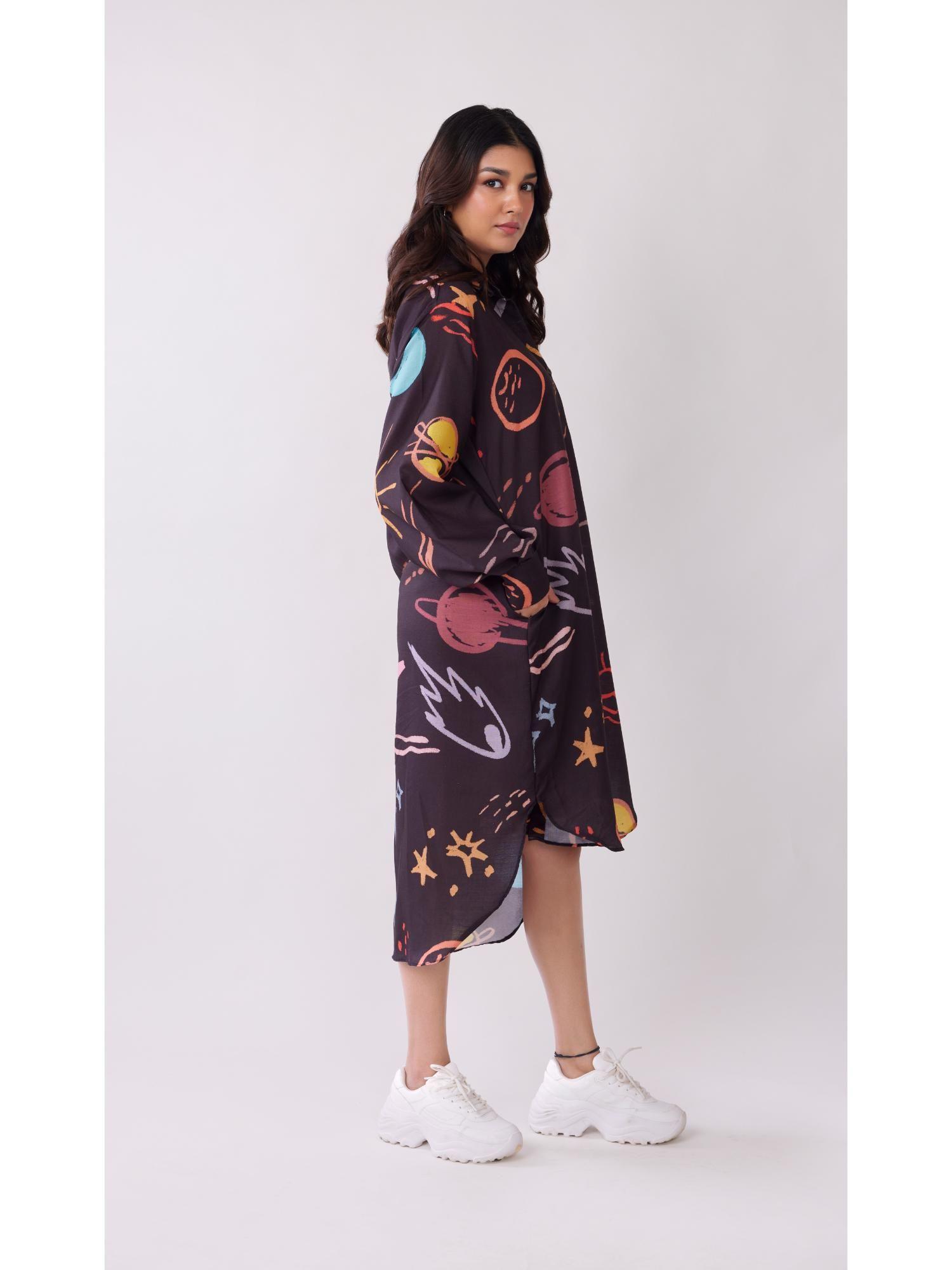 black celestial printed shirt dress