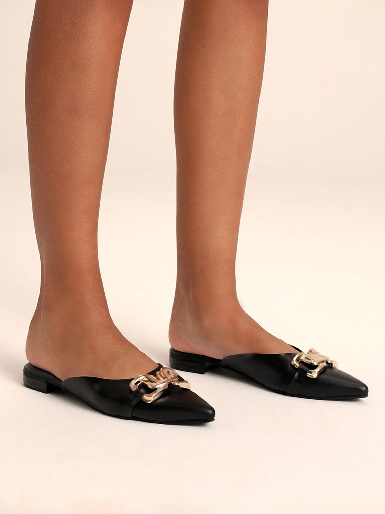 black chain link pointed toe mule flats