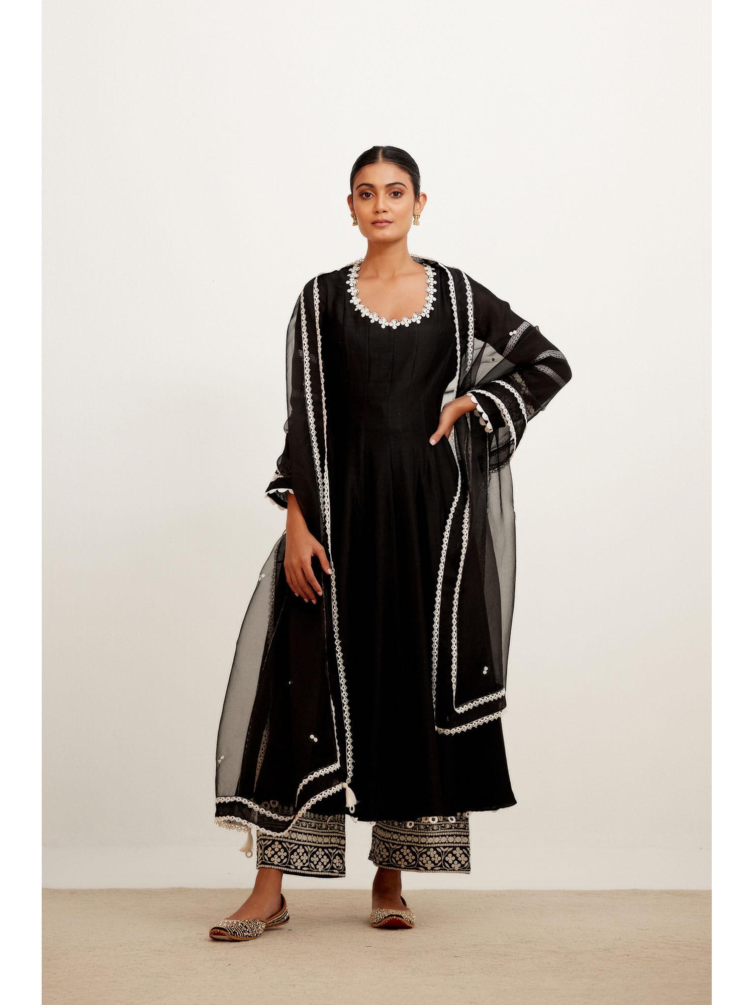 black chanderi anarkali and pant with dupatta (set of 3)