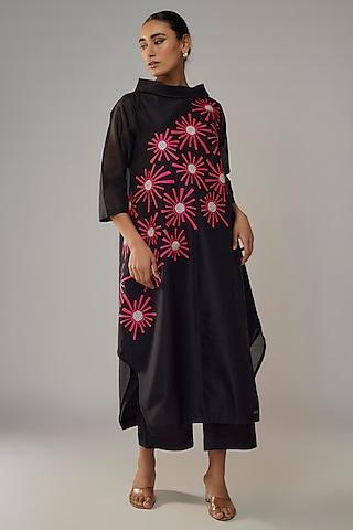 black chanderi applique floral tunic set