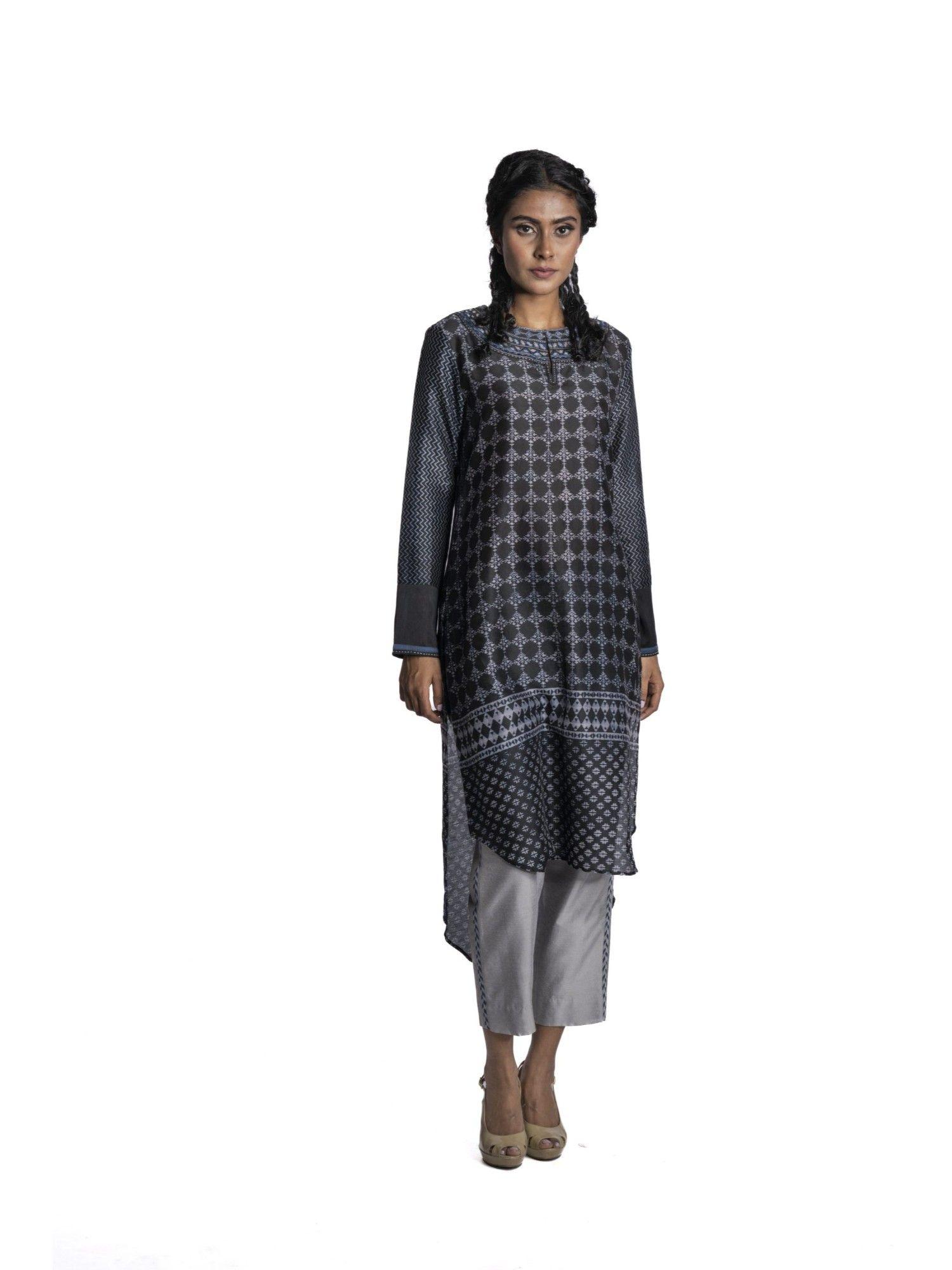 black chanderi asymmetric printed kurta (set of 2)